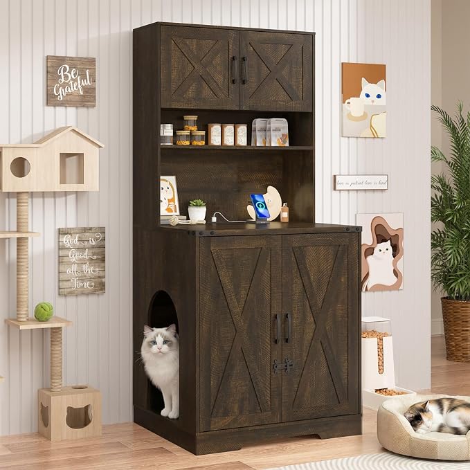 71Inches Tall Cat Litter Box Enclosure for Cats W/Power Outlets,Open Shelves.Wooden Pet Washroom Furniture W/Lock,Cabinet.White Indoor Cats House,Hidden Cat Litter Box for Living Room,Bedroom(Brown-2)