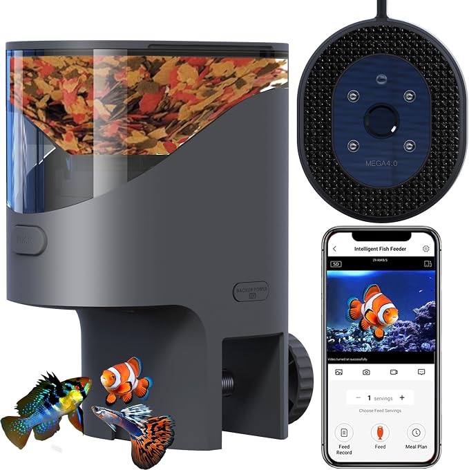 WiFi Automatic Fish Feeder with 2.5K Camera, 2.4/5G Smart App Control, Vacation Feeding Timer, 200ml Moisture-Proof Flake Food Dispenser, Remote Precision Aquarium Feeder for 10+ Gallon Tanks