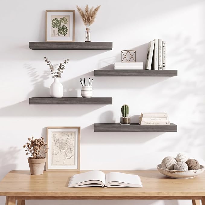 Fixwal Floating Shelves for Wall Decor (Grey, Set of 4, 15.7 Inch) | MDF Shelves with Metal Brackets, Space Saving for Books, Decor, Works in Bathroom, Kitchen, Living Room, Bedroom