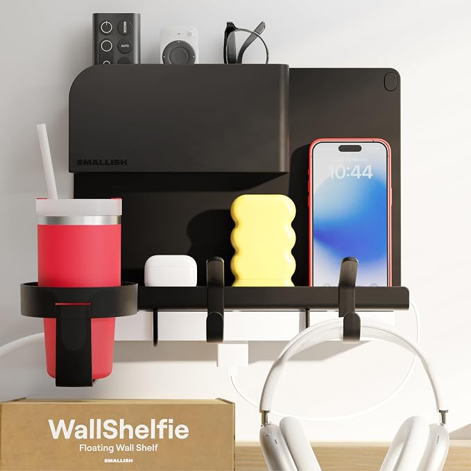 WallShelfie Bedside Wall Organizer & Dorm Decor for Dorm Room - Black | Dorm Room Essential, Floating Bedside Shelf Wall Mount Organizer, Remote Control Holder, Cool Teen Girls Trendy Stuff