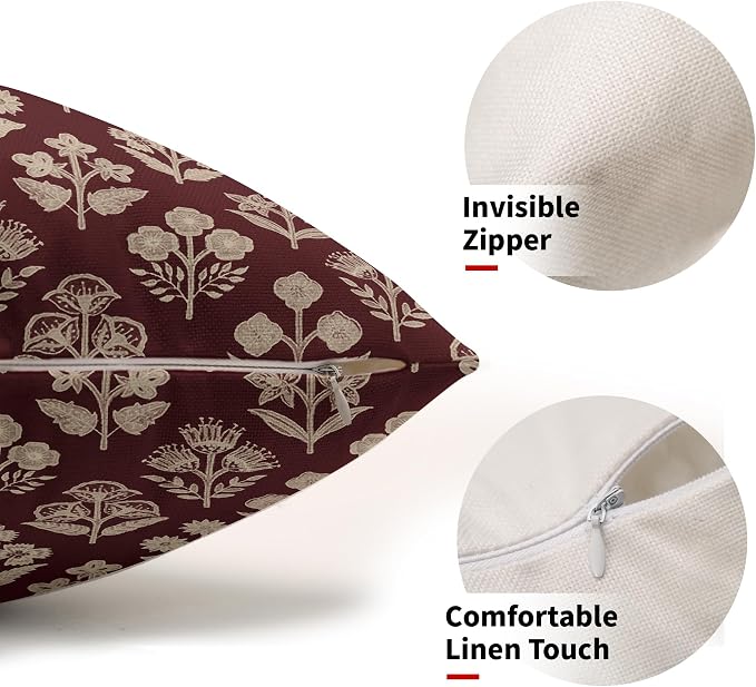 Burgundy Pillow Covers 12x20 Inch Set of 2, Cream Floral Block Print Pattern Lumbar Decorative Throw Pillowcases Outdoor Farmhouse Rectangle Cushion Covers Spring Summer Sofa Couch Bed Decor