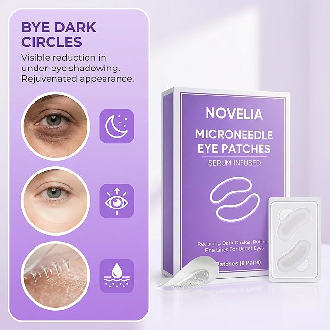 Novelia Micro Eye Patches, Microglow Undereye Patches, Hyaluronic Acid Serum Infused Eye Masks, Reduce Puffy and Dark Circles, Firming Smile Line, Hydrating & Smoothing Skin (6Pairs) (1 Box)