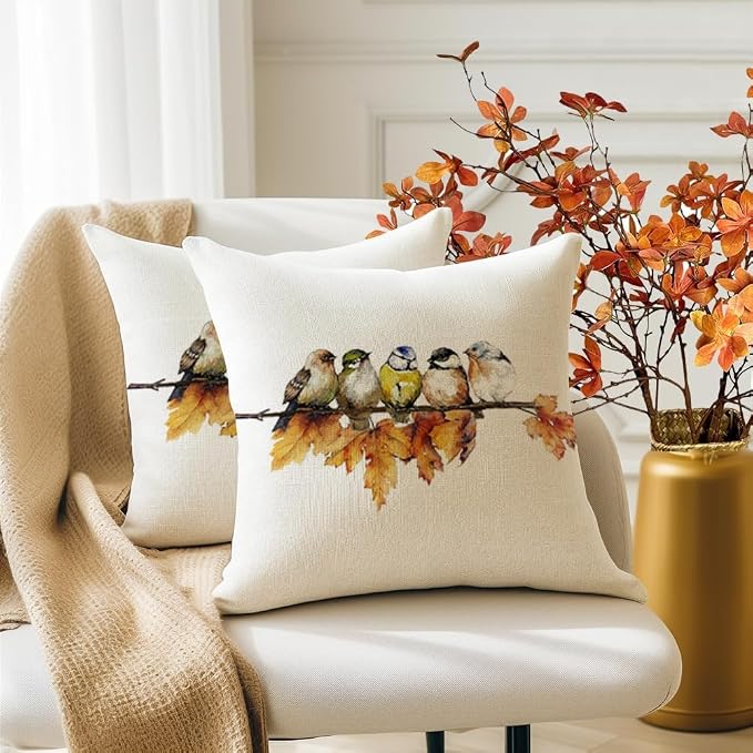 RABUSOFA Fall Pillow Covers 16x16 Inch Watercolor Bird Autumn Decorations for Home Outdoor Thanksgiving Decor Maple Leaf Decorative Throw Pillow Cases Farmhouse for Couch Sofa