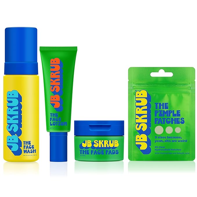 JB SKRUB Boys Acne Skincare Kit for Teens‚ Complete 4-Step Routine: Face Wash, Lotion, Cleansing Pads & Pimple Patches‚ Starter Set