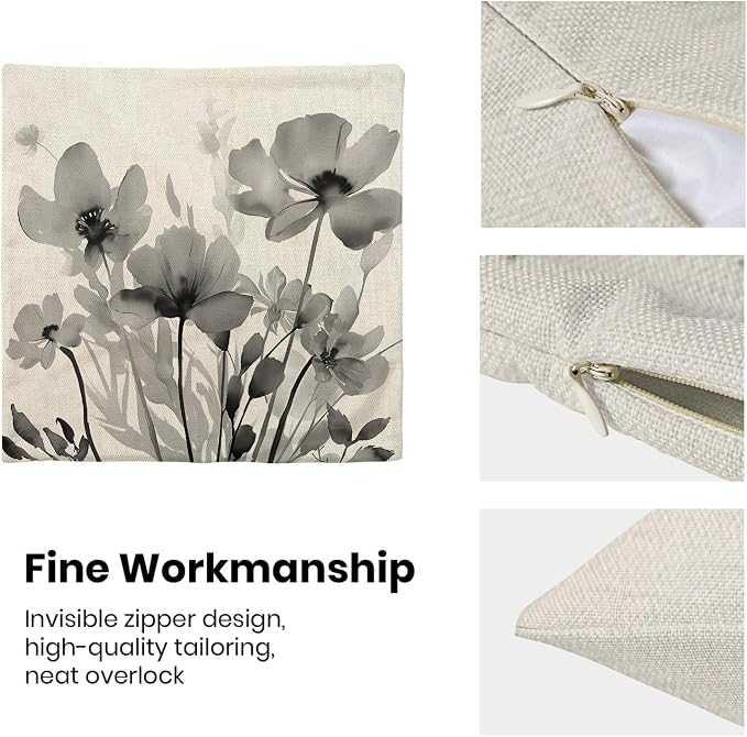 Spring Floral Pillow Covers 18x18 Inches Set of 2,Gray Floral Throw Pillow Covers Outdoor Summer Flower Decoration Pillowcase Farmhouse Decorative Square Linen Cushion Cover For Home Couch Sofa