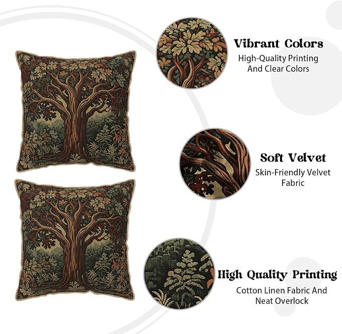 Vintage Forest Tree Velvet Pillow Covers 18x18 Inch Green Retro Tapestry Throw Pillows for Couch Cushion Covers Pillowcase Boho Farmhouse Pillow Cases for Sofa Bed Bedroom