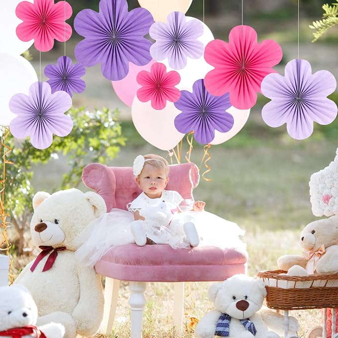 SUNBEAUTY Paper Flowers Decorations for Wall, Purple and Pink for Wall Paper Flower Fan Classroom Decoration Paper Floral Backdrop Decor Paper Fans Decoration Hanging Paper Flower Wall Decor Set of 9