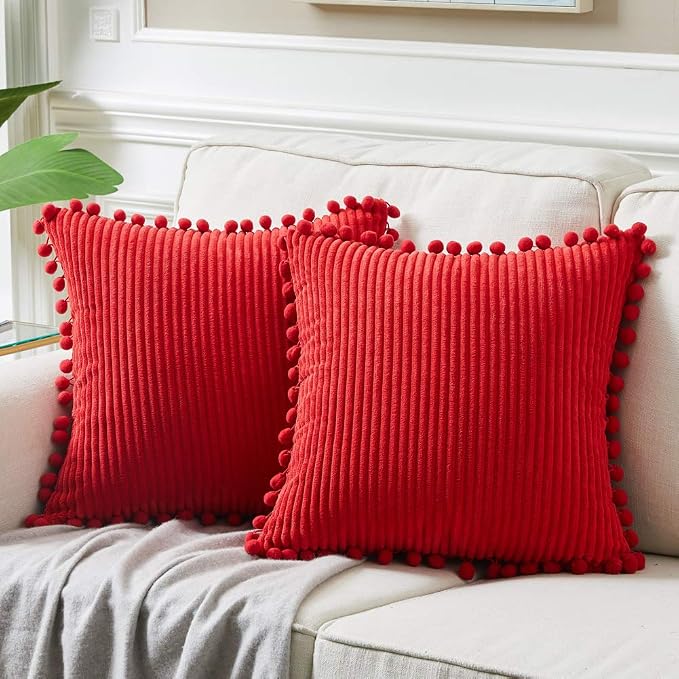 Fancy Homi Pack of 2 Red Decorative Throw Pillow Covers with Pom-poms 18 x18, Soft Corduroy Solid Square Cushion Cases Set for Couch Sofa Bedroom Car Living Room (18x18 Inch/45x45 cm, Red)
