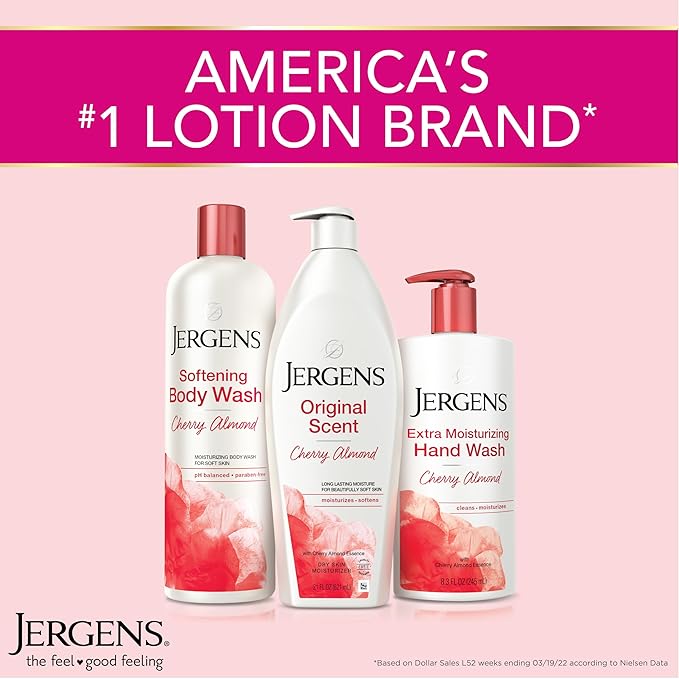 Jergens Original Scent Dry Skin Lotion, Body and Hand Moisturizer for Long Lasting Skin Hydration, with HYDRALUCENCE blend and Cherry Almond Essence, 32 Ounce (Pack of 2)