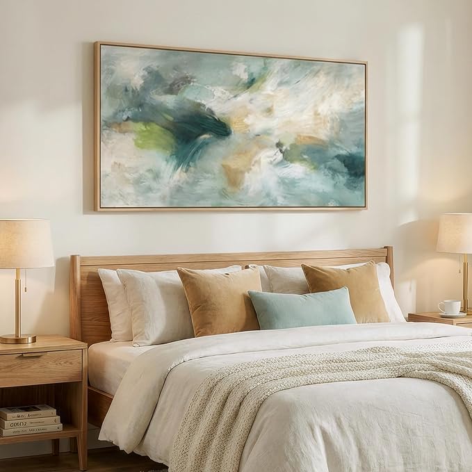 Large Framed Horizontal Sage Green Abstract Wall Art, 1 Piece 30x60 In | Modern teal canvas prints, Wood frame, Contemporary wall pictures, Minimalist artwork, Wall decor for bedroom dining room