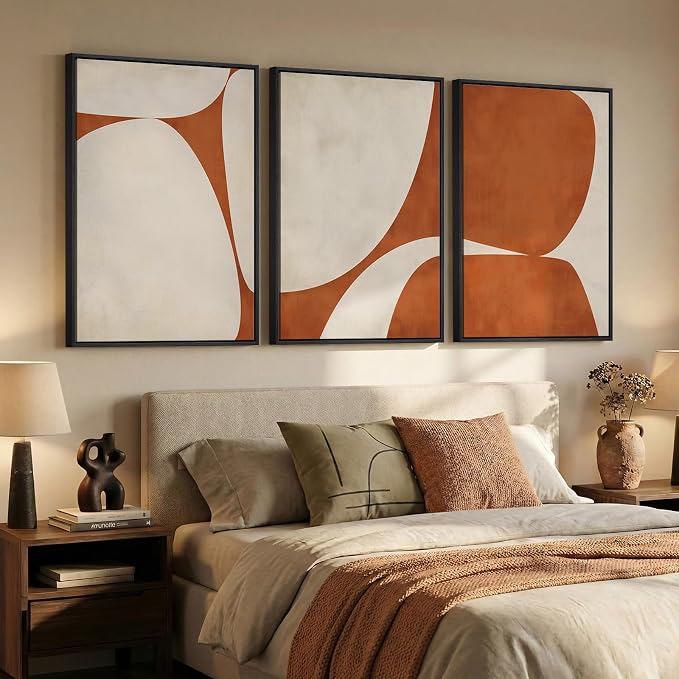 Large Framed Neutral Abstract Wall Art for Living Room, 3 Piece Modern Canvas Prints Paintings Artwork for Walls, Minimalist Beige Orange Block Pictures for Hallway Dining Bedroom Wall Decor 24x36 In