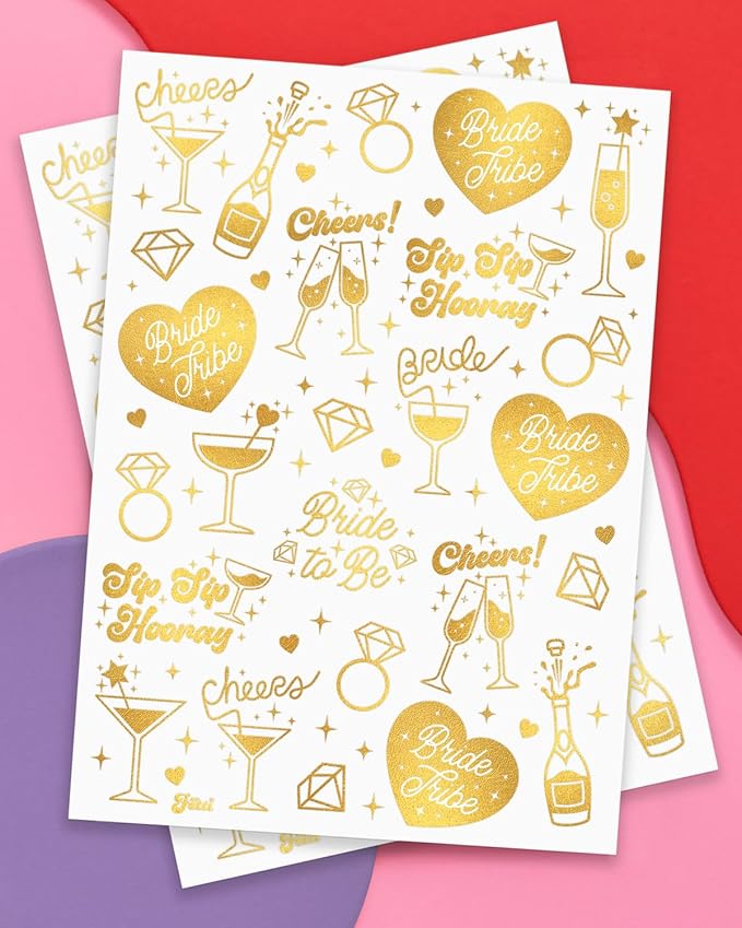xo, Fetti Gold Bachelorette Tattoos, 54 pcs | Bach Party Favors, Bride Tribe Temporary Tats, Metallic Bridal Party Accessory, Bridesmaid Gift