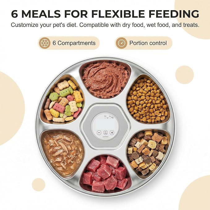 Ownpets Automatic Wet Food Feeder, 6 Meals Auto Dispenser with Timer | Stainless Tray, 2 Ice Packs, Cordless Design, 30-Day Battery Rechargeable, For Cats & Small Dogs, Easy Clean, White