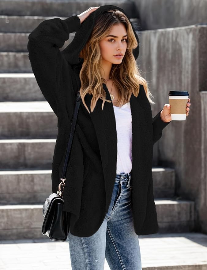 Zilcremo Women Hooded Cardigan Fuzzy Jacket Winter Open Front Fleece Coat Outwear with Pockets