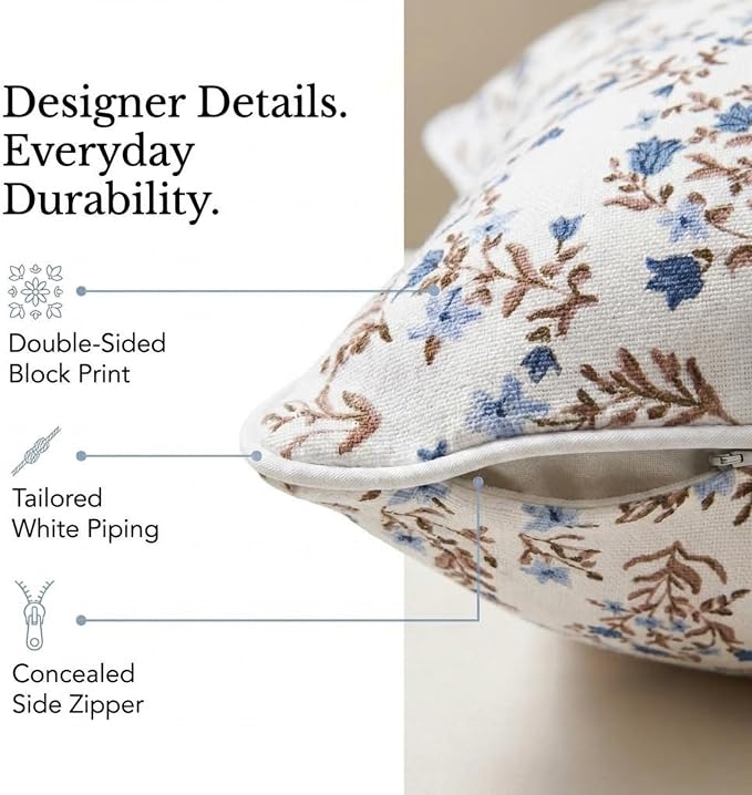 “The Lily” Floral Block Print Pillow Cover – Soft Blue and White Decorative Throw Pillow Cover – Grandmillennial Home Decor, 20" x 20"