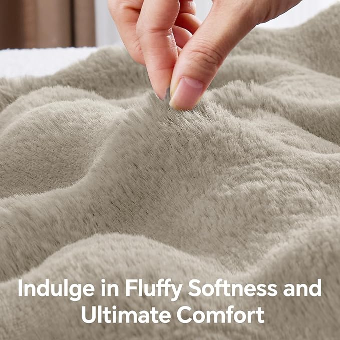 BEDELITE Faux Fur Throw Bubble Blanket for Couch, 60" x 80", Linen | 870GSM Soft Cozy Plush Blanket for Sofa & Bed Living Room Decor, Warm Fuzzy Faux Rabbit Fur for Women Gift, All Season Use