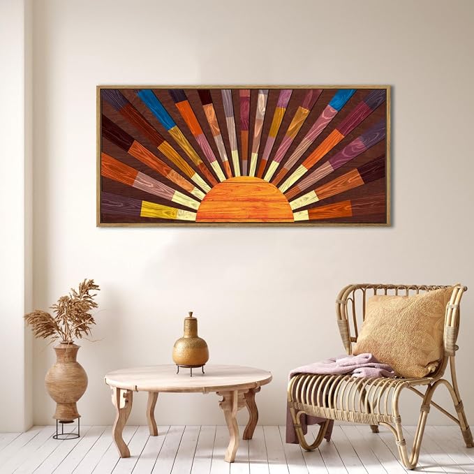IARTTOP Extra Large Wood Sun Framed Wall Art 20x40 Inch Boho Sunrise 3D Geometric Wall Decor Mid century Sunshine Painting for Living room Bedroom Dining room Single
