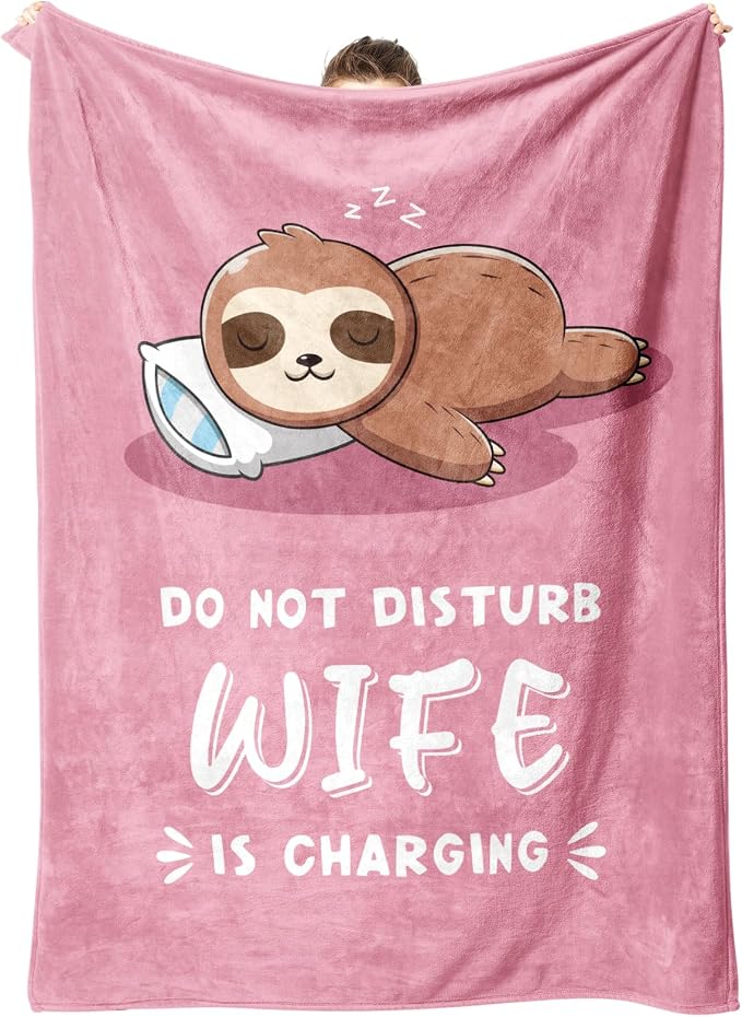 Leebbsin Funny Gifts for Wife, Anniversary Wedding Gifts for Wife | Wife is Charging Sloth Blanket 60" x 50", Pink, Christmas Mothers Day Birthday Gift for Wifey from Husband
