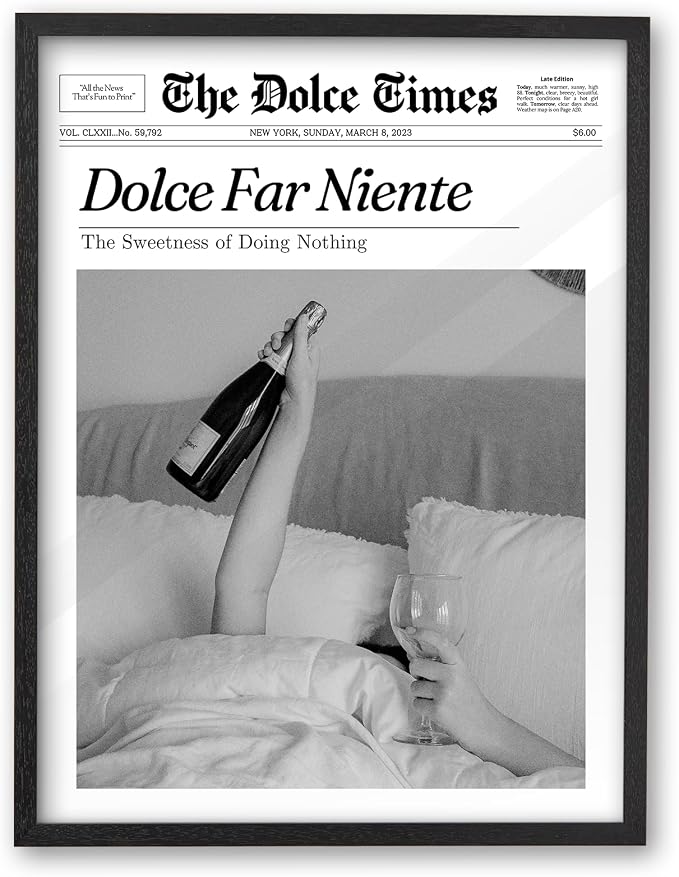 iHery Small 8x10in Dolce Far Niente Framed Newspaper Wall Art | Premium Black Natural OAK Wood Frame with Canvas Print, The Sweetness of Doing Nothing Decor for Bedroom, Living Room 1Pack