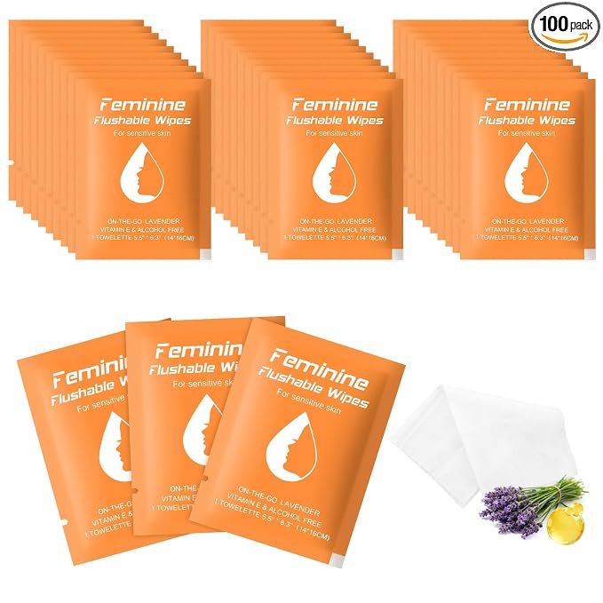 twoworld 100 Feminine Wipes Flushable Travel Individually Wrapped | Travel Wipes for Women,Feminine Care Wet Wipes Travel Size Vaginal Wipes for Adult,Girl and Homeless(Lavender)