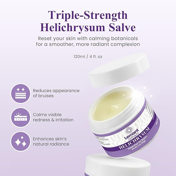 Lemant Extracts Helichrysum Balm (4 oz) – Triple Strength Helichrysum Essential Oil Salve to Reduce Bruising, Calm Redness & Support Skin Vitality (Includes One 4 oz Jar)