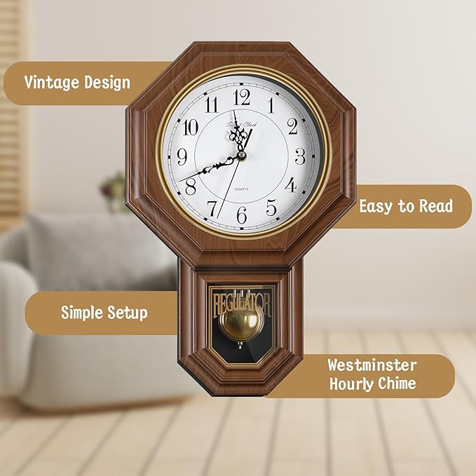 Pendulum Wall Clock,Imitation Wood Plastic Regulator Wall Clocks,Brown | Battery Operated,Non-Ticking,Retro Wall Decor Gift,Easy to Read,For Living Room,Dining Room,Schoolhouse,Farmhouse