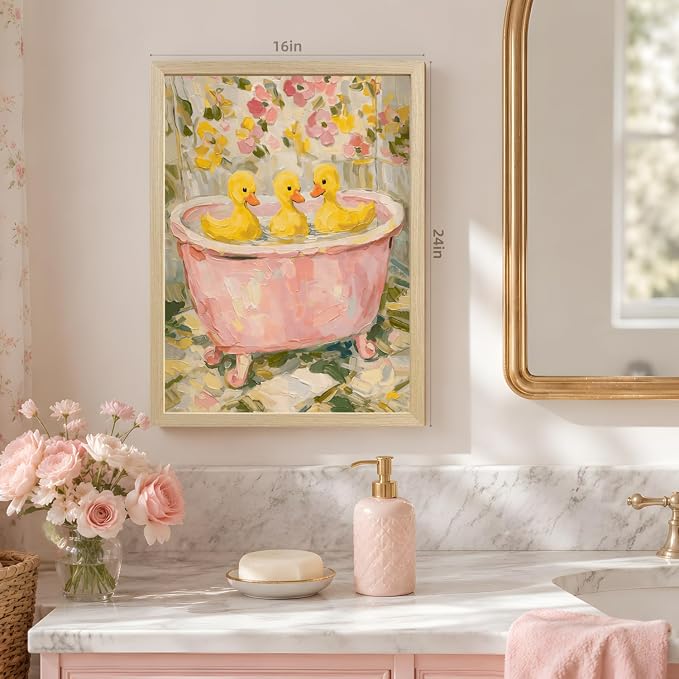VziizV Cute Duck Bathroom Wall Art, Vintage Pink Bathtub Ducklings Decor, Cottagecore Farmhouse Floral Canvas Print, Whimsical Animal Bathroom Artwork for Nursery Kids Room Wood Framed 12x16 Inch