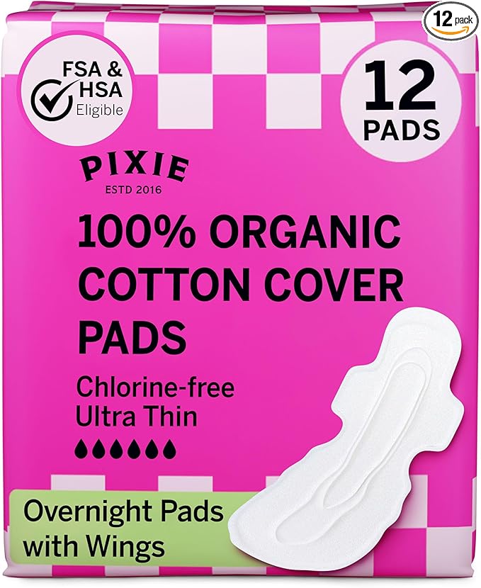 Pixie Organic Cotton Ultra Thin Overnight Pads for Women - Extra Heavy Absorbency with Wings - Leak-Proof, Hypoallergenic & Unscented - Compostable, Biodegradable - FSA Eligible - 12 Count