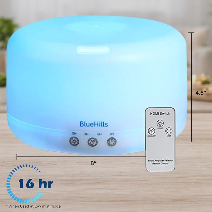 BlueHills Premium 1000 ML XL Essential Oil Diffuser Aromatherapy Humidifier with Remote for Large Room Home 18 Hour Run Huge Coverage Area 1 Liter Mood Lights Extra Large Capacity White D001