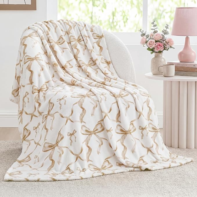 Brown Bow Throw Blanket 50"x60" Soft Flannel for Girls Women | Coquette Aesthetic Decor with Ruffled Edges, Ultra Plush Bed Sofa Blanket, Preppy Gift for Teens, Back to School Dorm Room