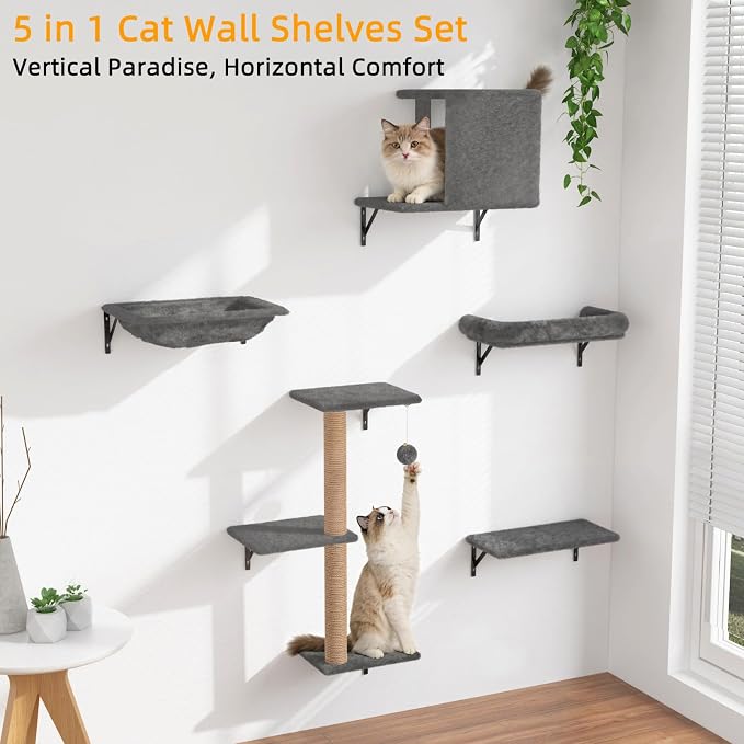 Cat Wall Shelves 5-Piece Set,Cat Walls Furniture for Indoor Large Cats Includes Bed, Cave, Scratching Post, Hammock, Space Saving Floating Shelves (Dark Gray)
