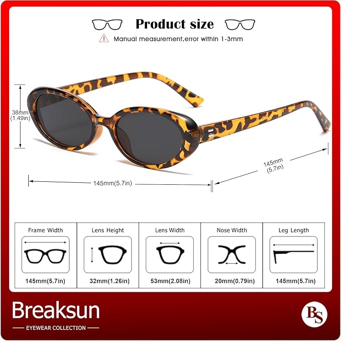 Breaksun Retro Oval Sunglasses for Women Men Fashion Small Oval Sunglasses 90s Vintage Shades