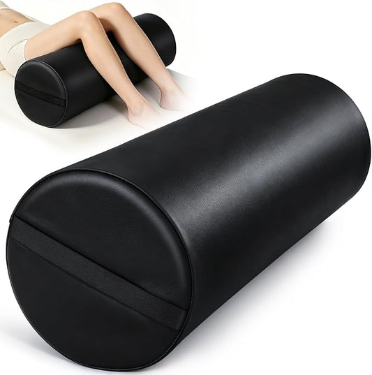 Full Round Bolster Pillow, 26" x 9" PU Leather Massage Table Bolster with Strap Handle, Massage Pillow for Knee Back Ankles Pain Relief, Comfortable Leg Bolsters Cylinder Pillow for Home / Spa / Yoga