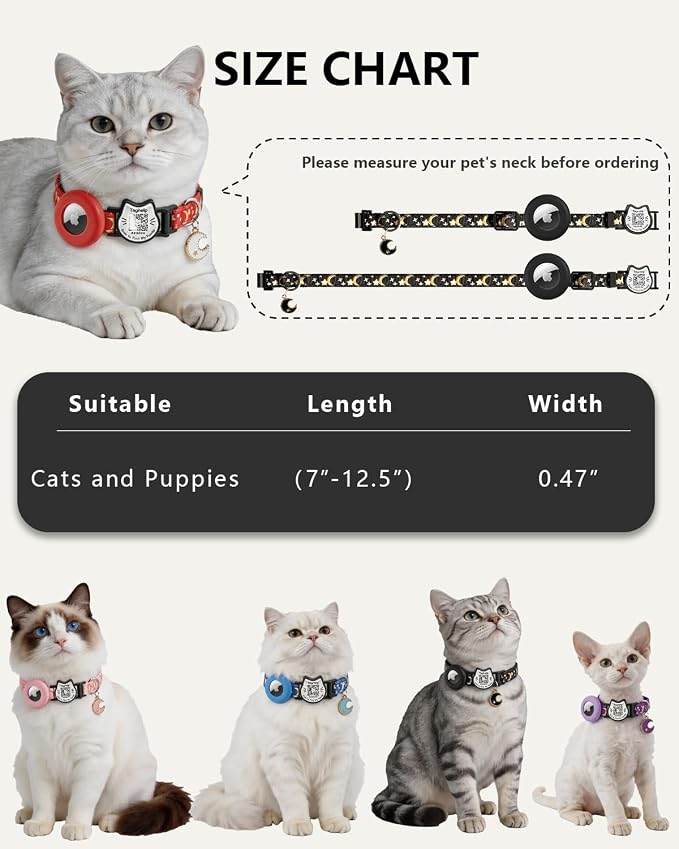 Smart QR Code Cat Collar with Built-in AirTag Holder, Breakaway Adjustable Kitten Collar with Stars and Moon & Glow Pendant, Safety Pet ID Collar for Cats(Red)
