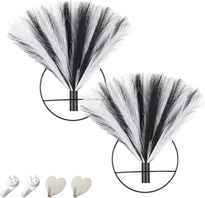 Pretty Jolly Boho Pampas Wall Decor Black Metal Wall-Mounted Art | Morden Artificial Greenery Display，2 Pack Hanging Planter For Living Room, Bedroom, Bathroom, Dining room