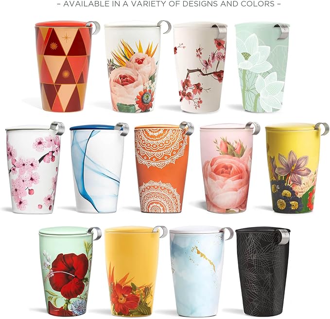 Tea Forte Double-Walled Ceramic Kati Cup, Removable Stainless Steel Infuser Basket and Lid, Steeps 12 oz Loose Leaf Tea, Dishwasher & Microwave Safe, Hanami