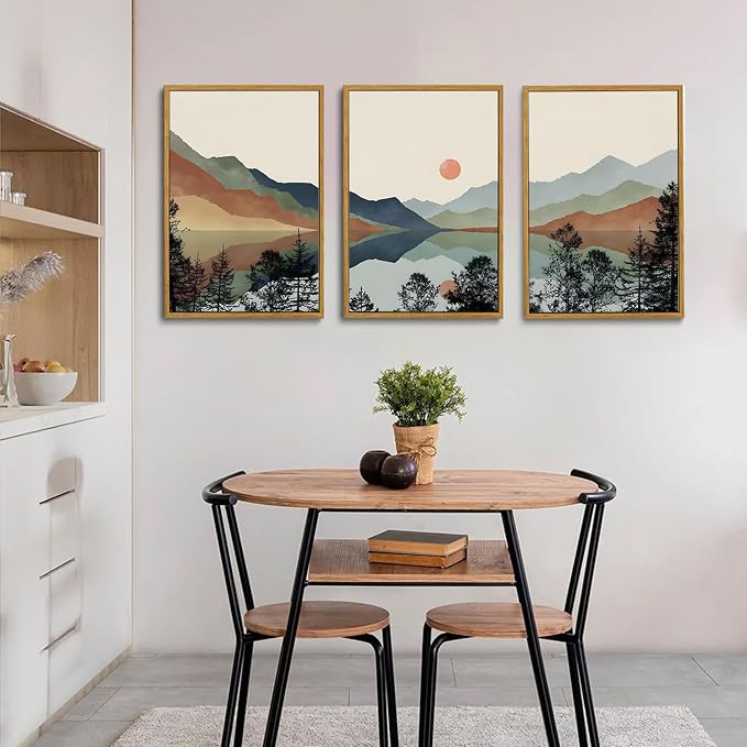 Blue Mountain Framed Canvas Wall Art Set of 3, 16x24 inch | Boho Watercolor Wall Decor, Blue Mountain Sun Forest Prints, Living Room Bedroom Office Art