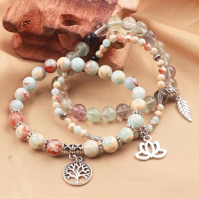 UEUC Tree of Life Yoga Healing Stone Bracelets,Multilayer Lotus Chakra Stone Reiki Bracelet Sets,Anxiety Crystal Natural Stone,for Women Stress Relief