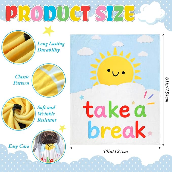 50'' x 60'' Back to School Take a Break Throw Blanket Classroom | Calm Down Corner Break Room Decor for Sofa Couch Bed Reading Corner Blanket Teacher Supplies Classroom Decorations