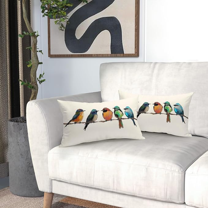 Oil Painting Bird Lumbar Lumbar Pillow Covers 12x20 Inch Set of 2 Rustic Spring Summer Cute Bird Throw Pillow Cases Outdoor Linen Square Cushion Cover Farmhouse Decor for Bedroom Home Sofa Couch Bed