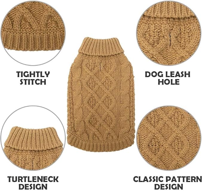 Mihachi Turtleneck Dog Sweater - Winter Coat Apparel Classic Cable Knit Clothes with Leash Hole for Cold Weather, Ideal Gift for Pet in New Year