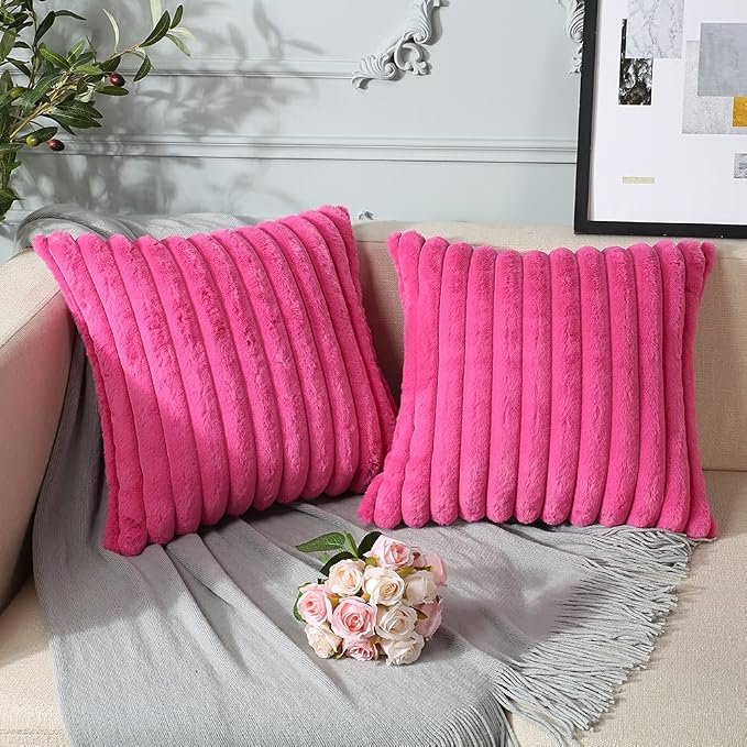 Soleebee Set of 2 Throw Pillow Covers Soft Cozy Velvet Pillowcase Faux Rabbit Fur Cover for Couch Sofa Bed Chair Home Decorative Pillows Cover (24x24 Inch, HOT Pink)