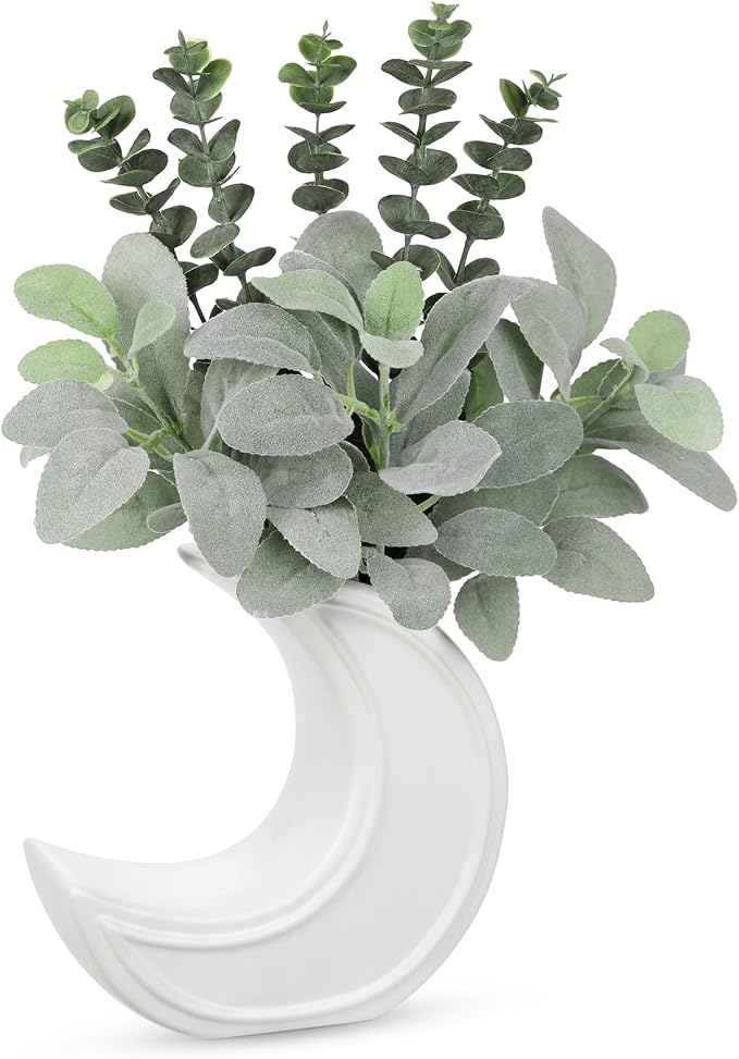 Fake Eucalyptus Plant in Crescent Moon Vase, 17" Faux Greenery Potted Plant, Rustic Moon-Shaped Ceramic Planter with Artificial Eucalyptus Leaves for Table Centerpiece Shelf Office Farmhouse Decor
