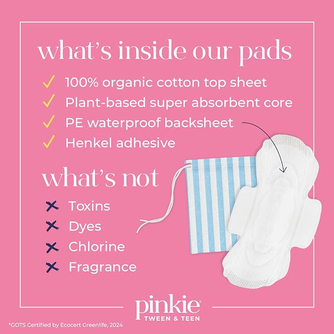 Pinkie Period Starter Pads - Designed for Smaller Underwear - Organic Cotton Topsheet Tween & Teen Pads with Wings - Chlorine Free & Fragrance Free - Teen Regular, 18 Count