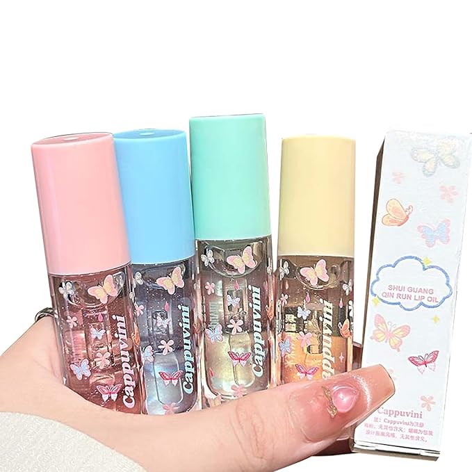 4Pcs Clear Lip Gloss Oil Set, Glitter, High Shine, Moisturizing, Long Lasting Plumping Lip Oil, Lip Glow Oil for Kids and Teens