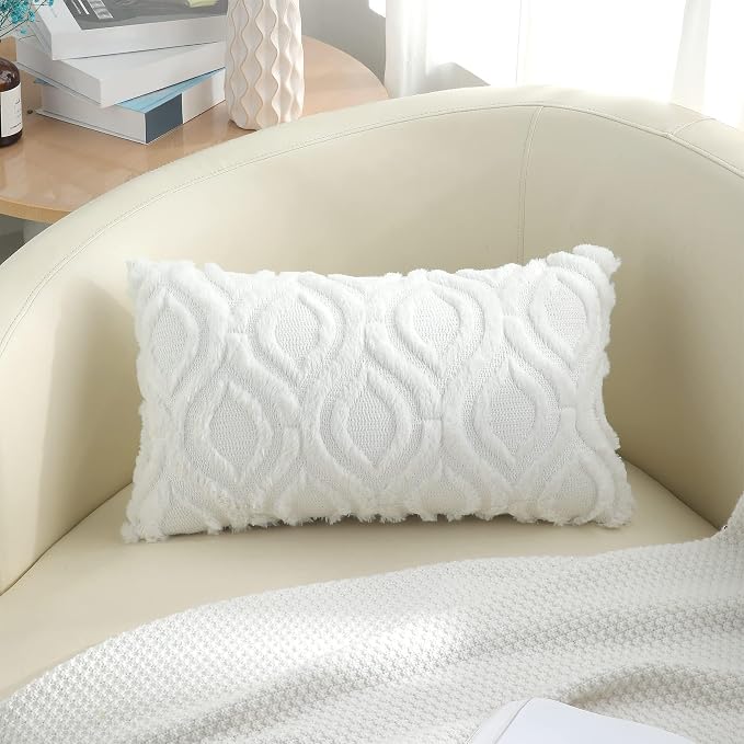 decorUhome Faux Fur Plush Soft White Throw Pillow Covers 12x20 Set of 2 | Wool Solid Fall Couch Pillow Covers, Accent Modern Farmhouse Neutral Decorative Square Pillow Cases for Sofa Bed Living Room