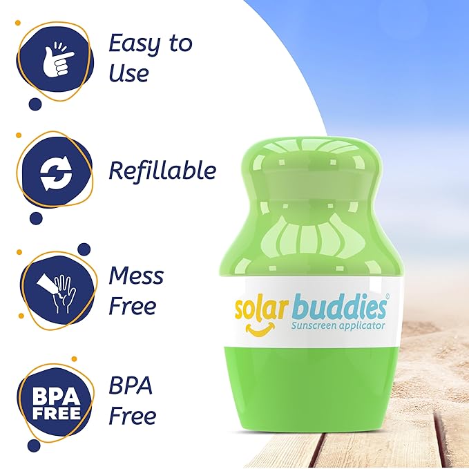 Solar Buddies Sunscreen Applicator - Green Pack of 3 - BPA-Free Refillable Roll on Sponge Sunscreen, Suncream & Lotion Applicator For Kids, Adults & Families - Holds 3.4fl oz, Perfect Size for Travel