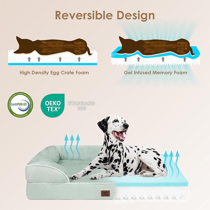 EHEYCIGA Orthopedic Extra Large Dog Bed, Waterproof Washable XL Pet Bed 44" | Non-Slip Bottom and Egg-Crate Memory Foam Big Dog Couch Bed with Washable Removable Cover, Sage Green, 44Inch