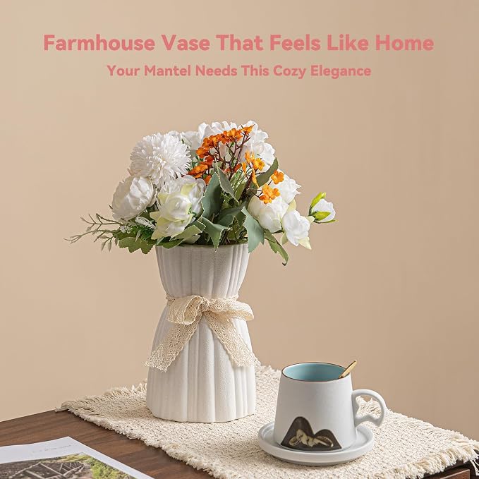 White Ceramic Vase with Lace Bow & Ribbed Texture - 7.7" Unique Flower Vase for Pampas Grass & Centerpieces, Farmhouse/Boho Decorative Vase for Living Room, Office Desk & Gift for Her/Yourself