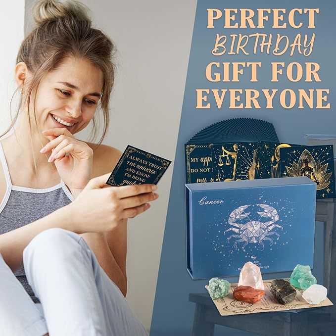 Faivykyd Cancer Zodiac Crystals Gifts for Women, 6 Zodiac Cancer Healing Stones w/ 50 Miracle Mantras Affirmation Cards, Spiritual Astrology Gifts for Promoting Positive Energy, Self-Care & Love